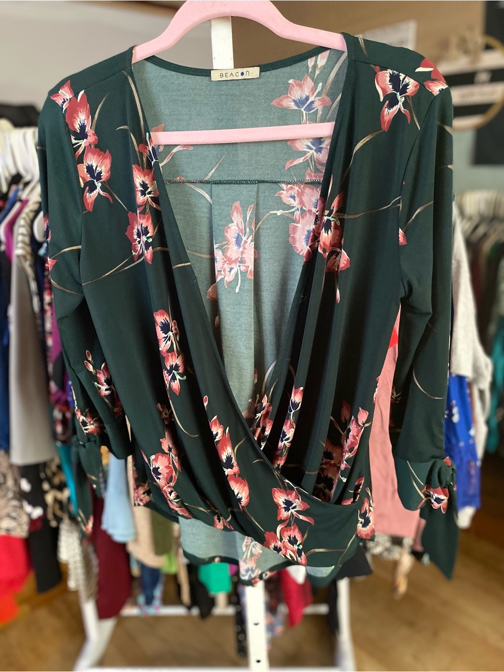 Beacon Dark Green Floral Wrap Blouse with Pink Accents
